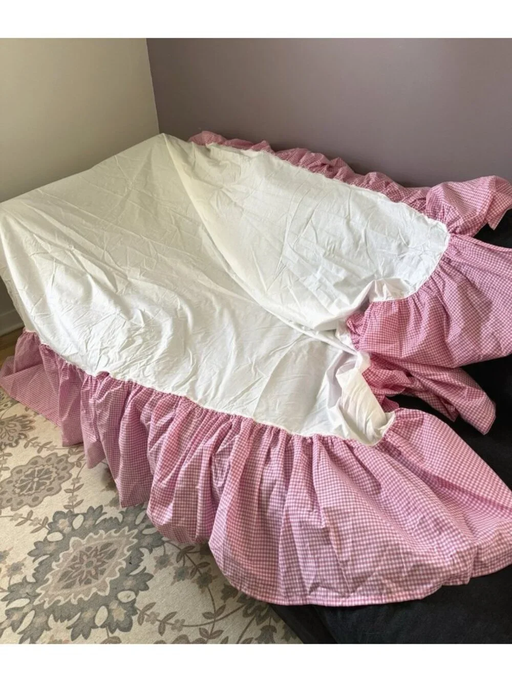 Pottery Barn Kids Pink Full Deux Places Cotton Gingham Ruffle Bed Skirt Farmhous